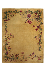 Antique Chinese Art Deco rug by Walter Nichols, 139x107 inches, featuring intricate patterns in olive green, ochre, and magenta hues.